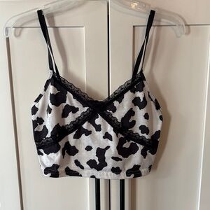 SHEIN Black and White Cow Print Lace Trim Crop Top